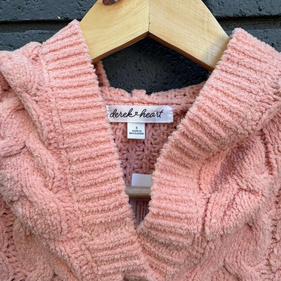 Derek Heart Chunky Chenille Cable Knit Cardigan Sweater Hooded S Coral Button Up - Picture 15 of 15